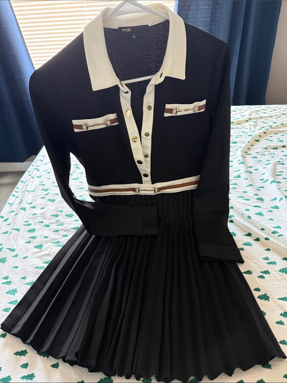 Maje Black Pleated Long-Sleeve Polo Dress with White Trim
